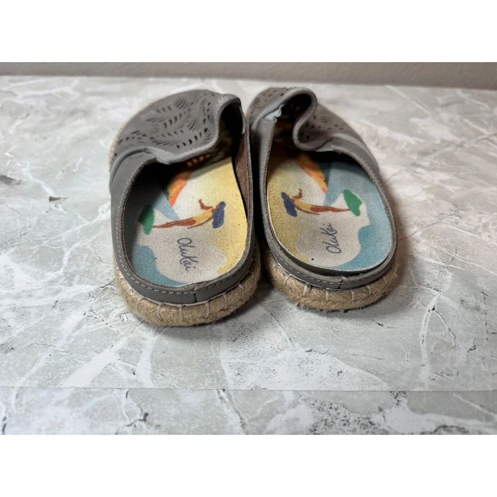 OluKai Kaula Olui Grey Leather‎ Laser Cut Espadrille Mules Slip On Shoes US 8